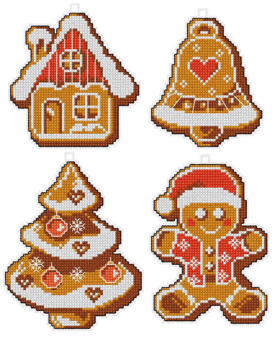 Counted cross stitch kit with plastic canvas "Christmas gingerbreads" set of 4 designs 7662