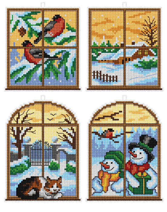 Counted cross stitch kit with plastic canvas "Winter windows" set of 4 designs 7664