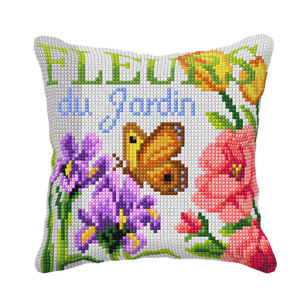 Cushion cross stitch kit  "Butterfly, Irises and Rose"