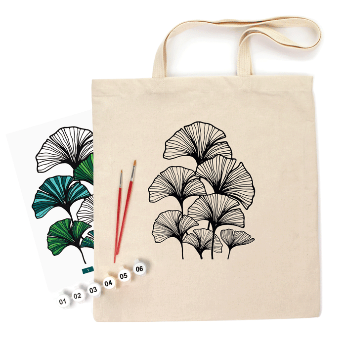 Ginkgo Leaves - Shopper Coloring Kit. Ecobag Painting Kit, Cotton 220 gsm, 38x42 cm. by Rosa Talent