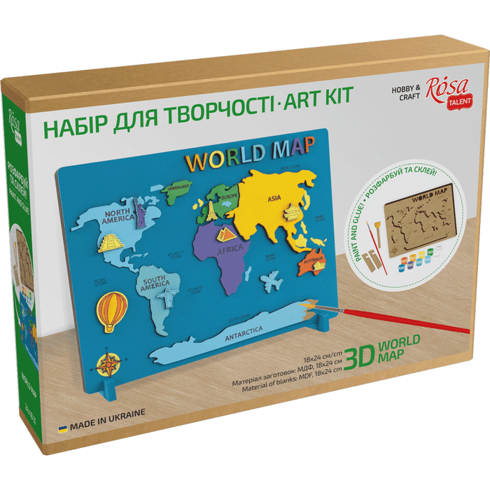Paint World Map 3D Set, MDF, 24.5x18.5 cm by Rosa Talent