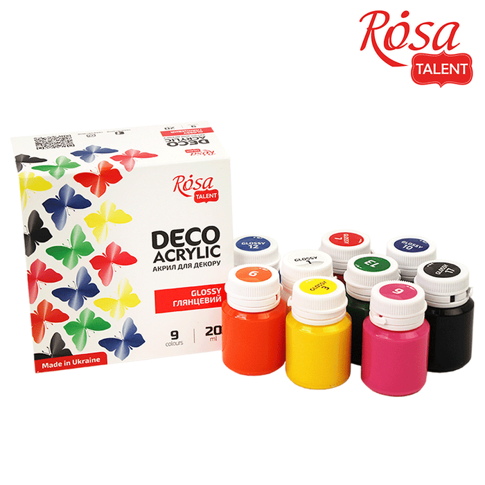 Glossy Acrylic Paint Set for Decor 9 colors (20ml each) by Rosa Talent