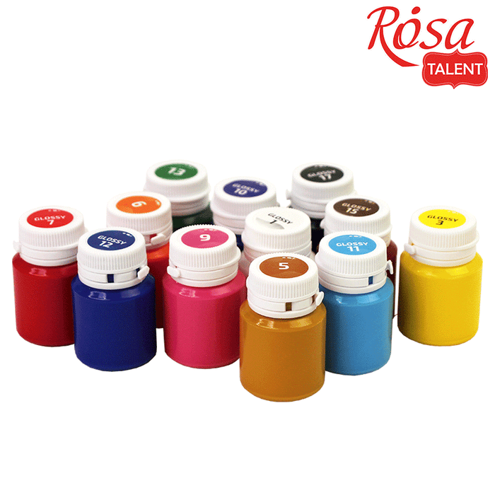 Glossy Acrylic Paint Set for Decor 12 colors (20ml each) by Rosa Talent