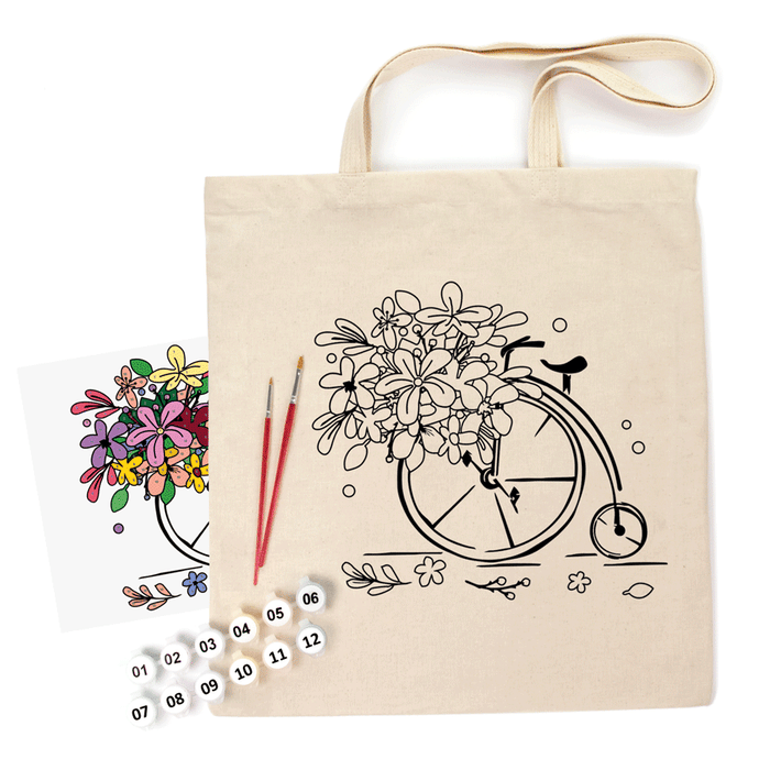 Flower Bicycle - Shopper Coloring Kit. Ecobag Painting Kit, Cotton 220 gsm, 38x42 cm. by Rosa Talent