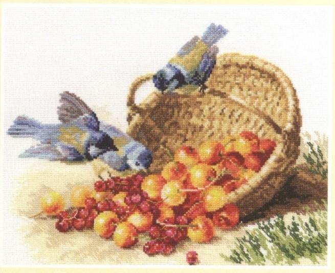 Chickadees and Sweet Cherries 1-14 Cross-stitch kit - Wizardi