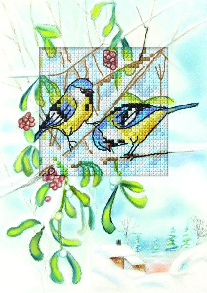 Complete counted cross stitch kit - greetings card "Blue Titmice" 6268 - Wizardi