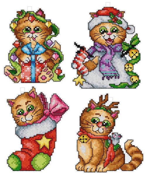 Counted cross stitch kit with plastic canvas "Cats" set of 4 designs 7627 - Wizardi