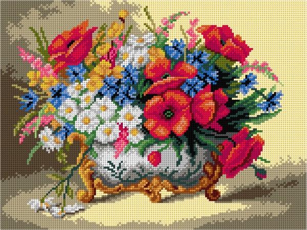 Needlepoint canvas for halfstitch without yarn after Eugene Henri Cauchois - Poppies, Daisies, and Mixed Summer Flowers 3233J - Printed Tapestry Canvas - Wizardi