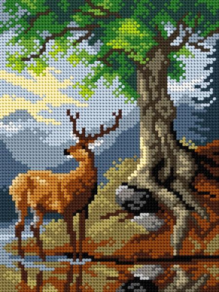 Needlepoint canvas for halfstitch without yarn after Friedrich Gauermann - A Stag by Lake Gosau 3173F - Printed Tapestry Canvas - Wizardi