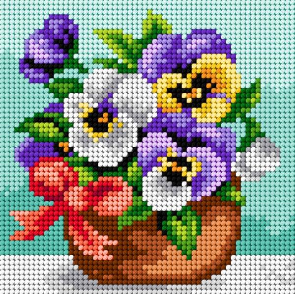 Needlepoint canvas for halfstitch without yarn Basket of Pansies with a Ribbon 2453D - Printed Tapestry Canvas - Wizardi
