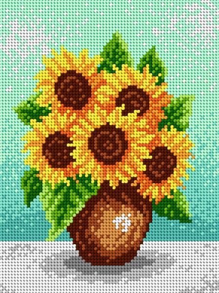 Needlepoint canvas for halfstitch without yarn Sunflowers in a Brown Vase 1940F - Printed Tapestry Canvas - Wizardi