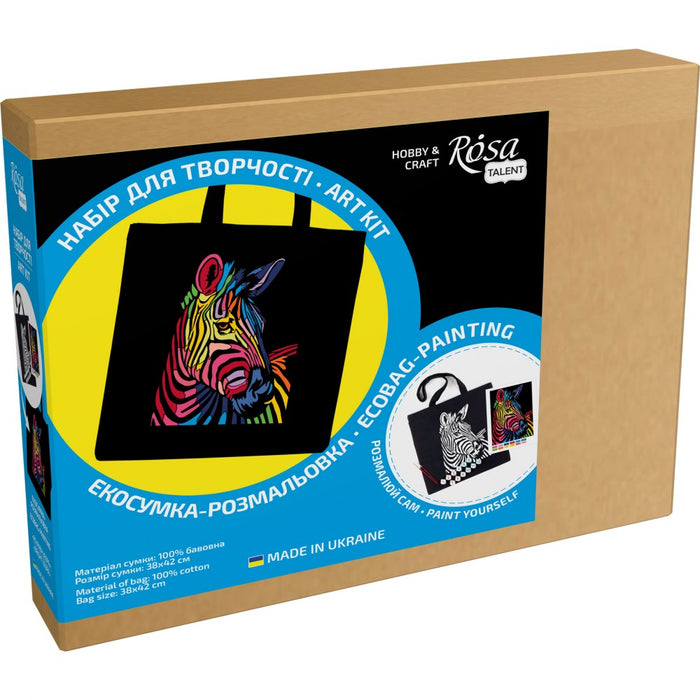Bright Zebra - Black Shopper Coloring Kit. Ecobag Painting Kit, Cotton 240 gsm, 38x42 cm. by Rosa Talent